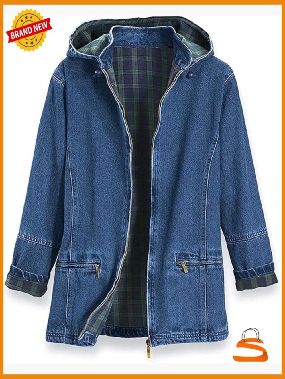 Flannel Lined Denim Jacket with Detachable Hood, Zip Front & Pockets